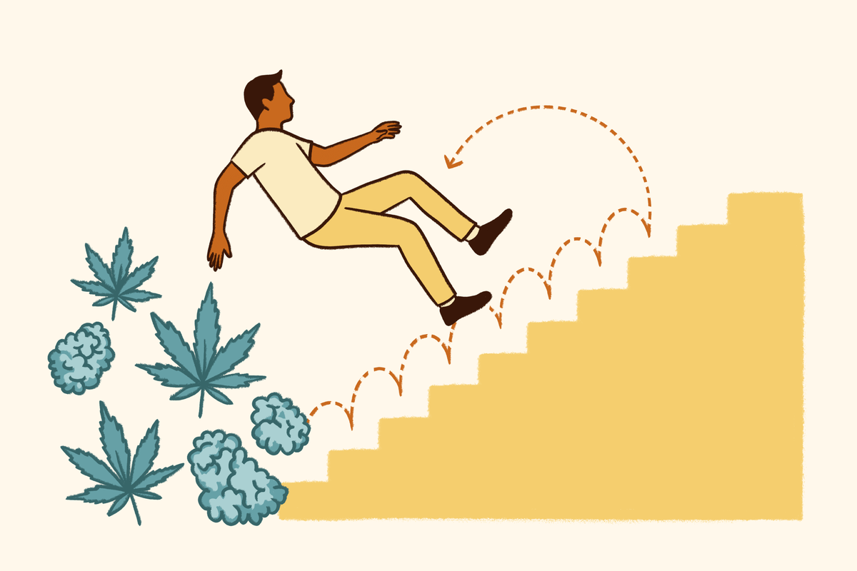 Illustration of a man falling down stairs with cannabis leaves and buds, symbolizing marijuana-related impairment and increased risk of accidents or injury.