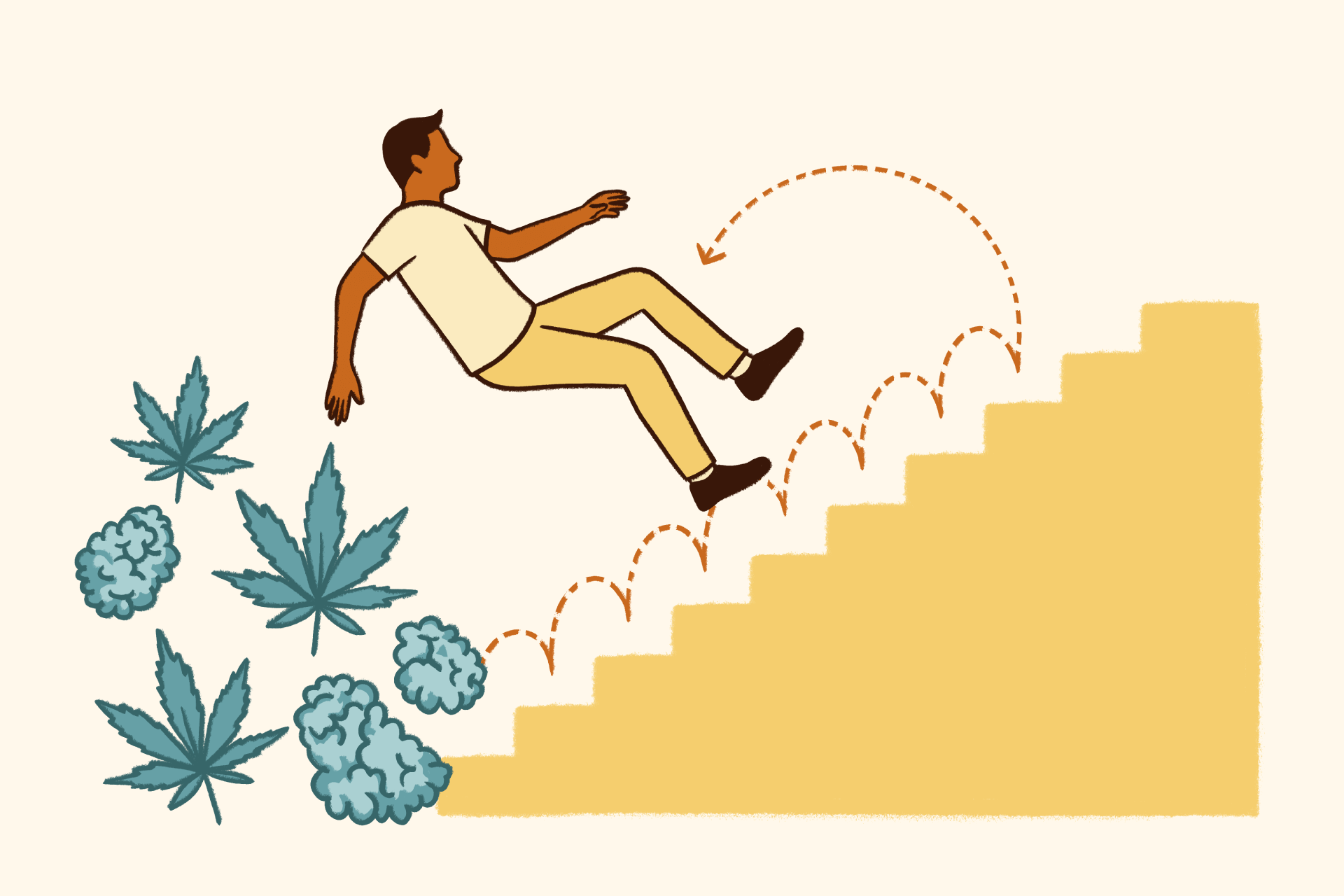 Illustration of a man falling down stairs with cannabis leaves and buds, symbolizing marijuana-related impairment and increased risk of accidents or injury.