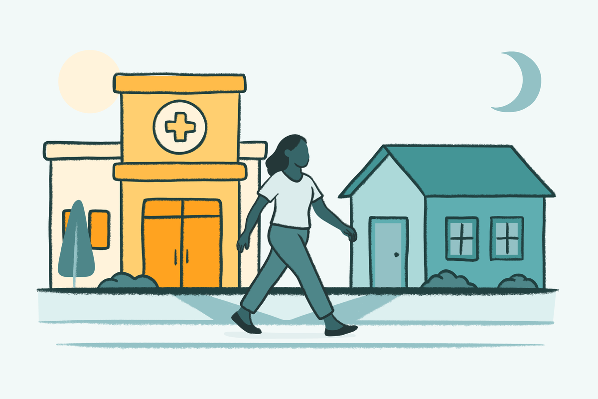 Illustration of a person walking along a street at night between an intensive outpatient medical clinic with a cross symbol and a small house, under a crescent moon.