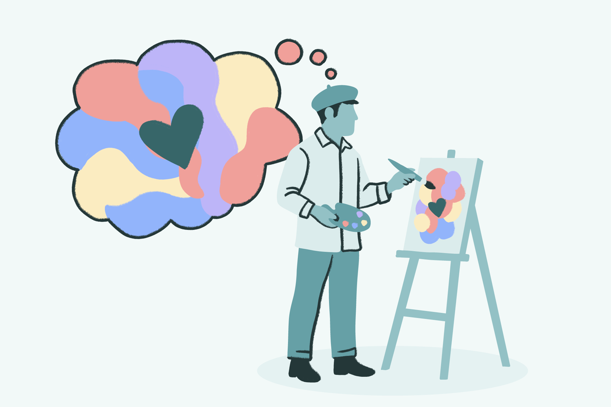 Illustration of a person painting abstract, colorful shapes on an easel, with a thought bubble showing similar shapes and a heart, symbolizing art therapy and emotional expression.