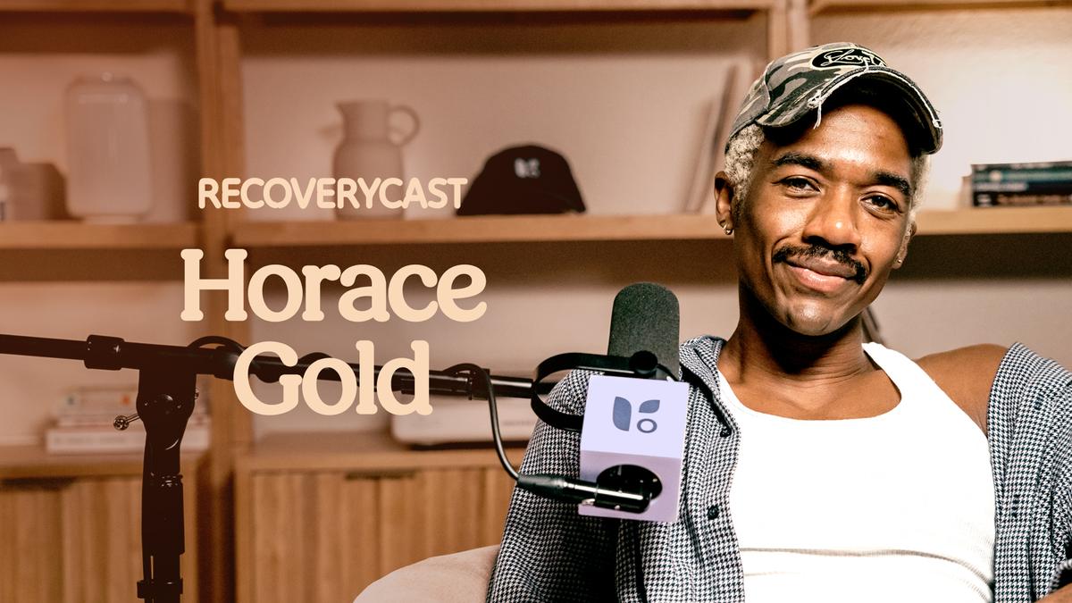 Horace Gold smiles during a Recoverycast podcast interview, seated in front of a microphone with his name displayed on screen.