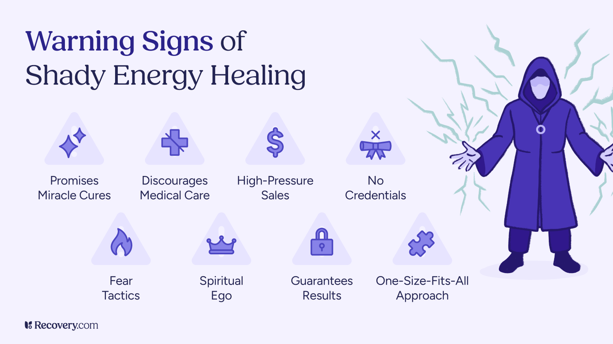 Infographic highlighting warning signs of shady energy healing including miracle cure promises, discouraging medical care, high-pressure sales, lack of credentials, fear tactics, spiritual ego, guaranteed results, and one-size-fits-all approaches. Illustration shows a hooded figure with glowing energy around them.