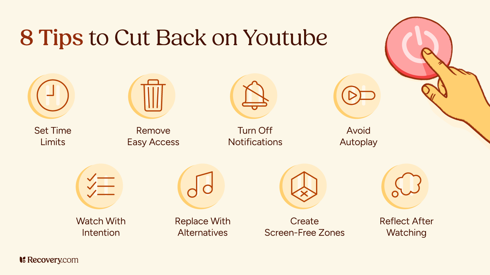 Infographic titled 8 Tips to Cut Back on YouTube displaying eight strategies in circular icons like Set Time Limits with a clock, Remove Easy Access with a trash can, Turn Off Notifications with a crossed-out bell, Avoid Autoplay with a play button with arrow, Watch With Intention with a checklist, Replace With Alternatives with a musical note, Create Screen-Free Zones with a 3D cube, and Reflect After Watching with a thought bubble. A hand reaching toward a power button is illustrated on the right.