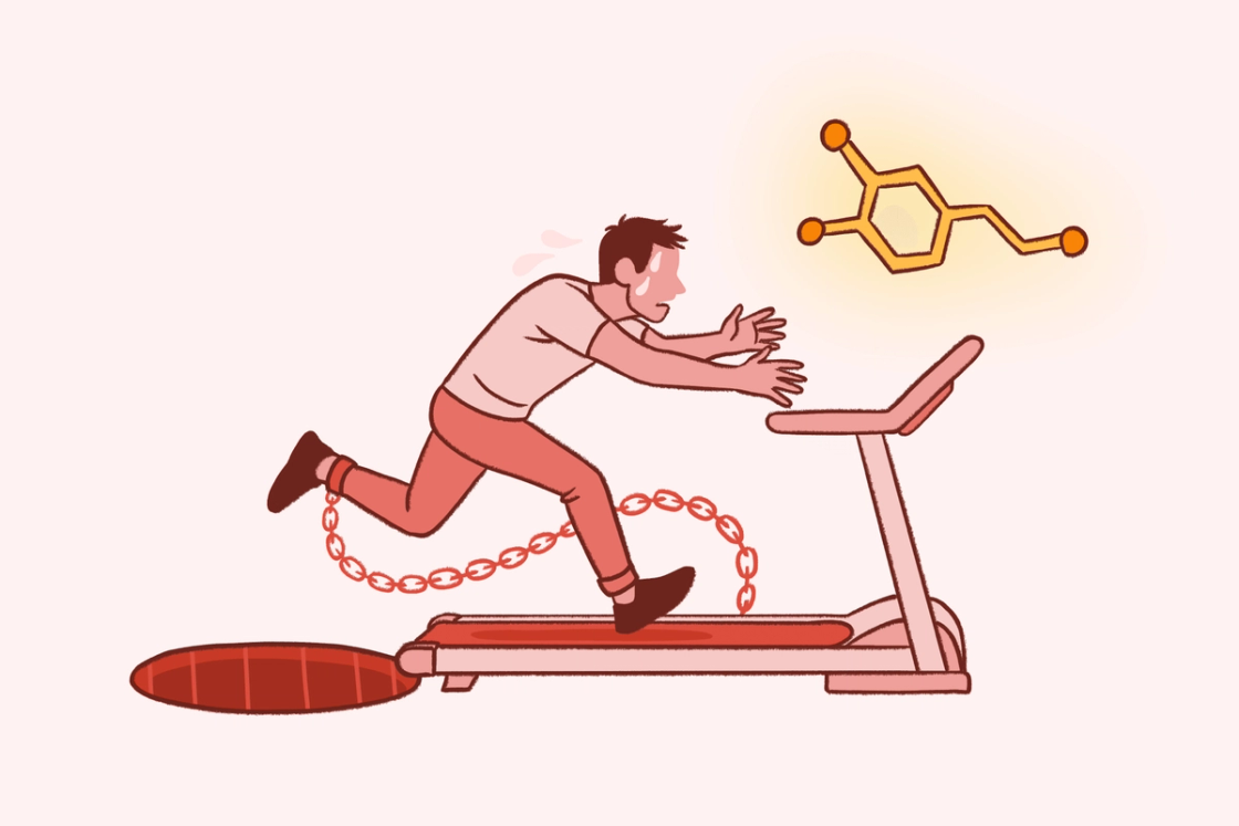 A conceptual illustration of a sweating man running on a treadmill with a chain around his ankle, reaching for a glowing dopamine molecule floating just out of reach.
