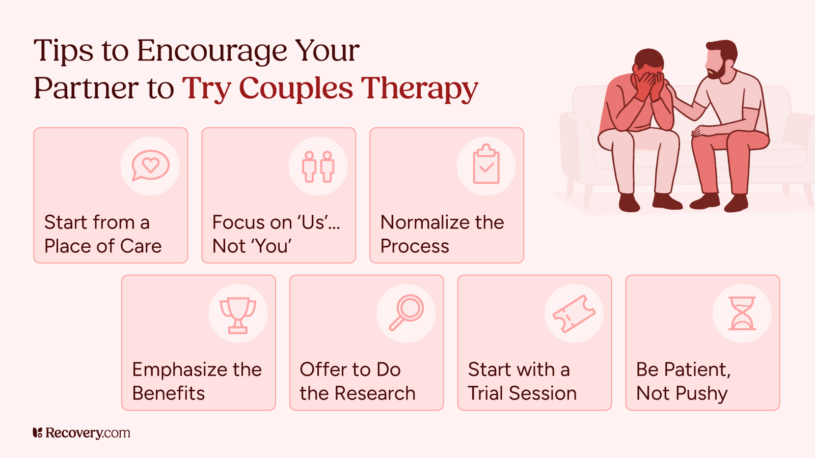 Infographic titled Tips to Encourage Your Partner to Try Couples Therapy from Recovery.com. Includes eight tips: Start from a Place of Care, Focus on Us... Not You, Normalize the Process, Emphasize the Benefits, Offer to Do the Research, Start with a Trial Session, and Be Patient, Not Pushy. On the right side, there's an illustration of one man comforting another who is visibly upset, both seated on a couch.