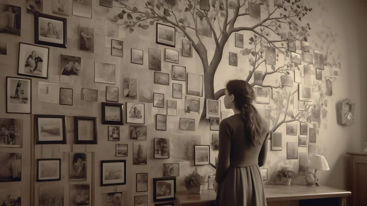 Woman viewing a wall with painted family tree and dozens of framed black and white family photographs showing generations, symbolizing generational trauma passed through family lineage