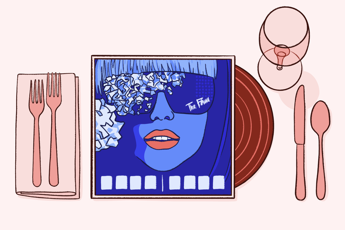 An illustration of a formal table setting where a vinyl record of Lady Gaga’s "The Fame" album sits in the center of a dinner plate.