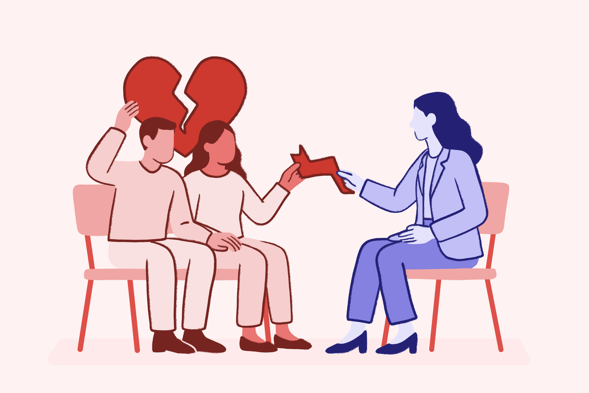 Illustration of a couple in couples counseling, sitting with a therapist while holding pieces of a broken heart, symbolizing relationship conflict and healing with professional support.