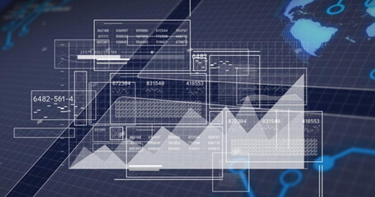 A dark blue, high-tech background featuring multiple translucent, white graphical user interface (GUI) windows displaying various data points, numbers, line graphs, and charts.