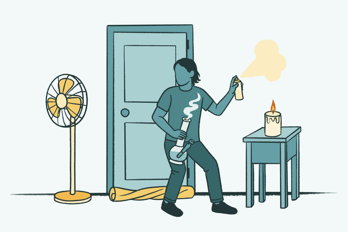 Illustration of a person standing indoors holding a bong while spraying air freshener.