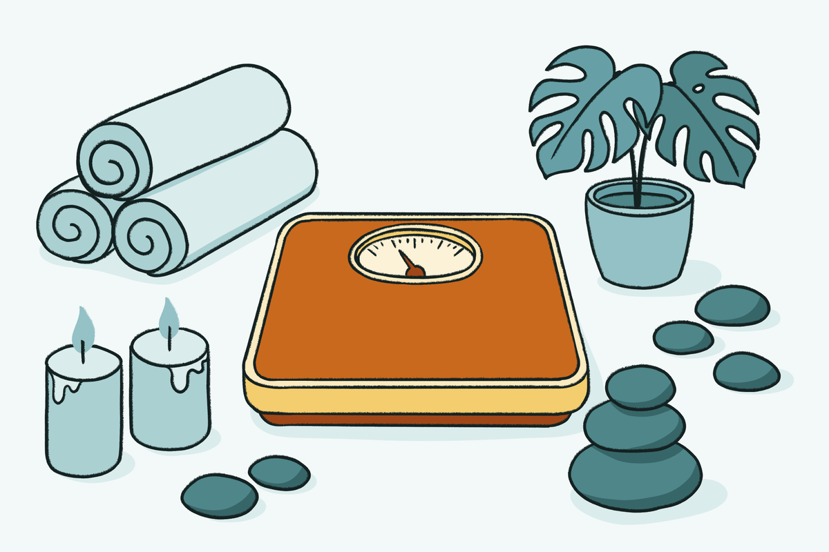 A stylized illustration of a health and wellness scene featuring an orange bathroom scale in the center. It is surrounded by spa elements including a stack of rolled blue towels, two lit candles, a small potted monstera plant, and smooth, dark river stones arranged in stacks.