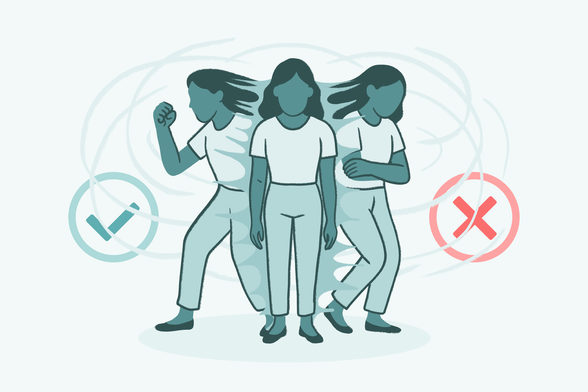 A stylized illustration showing three figures of the same woman representing different emotional states: one looking determined with a raised fist, one standing neutrally in the center, and one looking down with crossed arms. Swirling lines surround them, with a checkmark on the left and an 'X' on the right