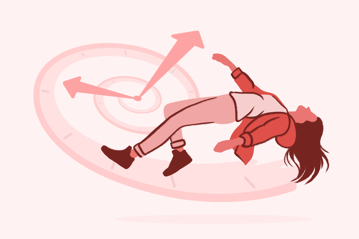 Illustration of a woman falling backward over a clock with arrows symbolizing time pressure burnout and mental health overwhelm.