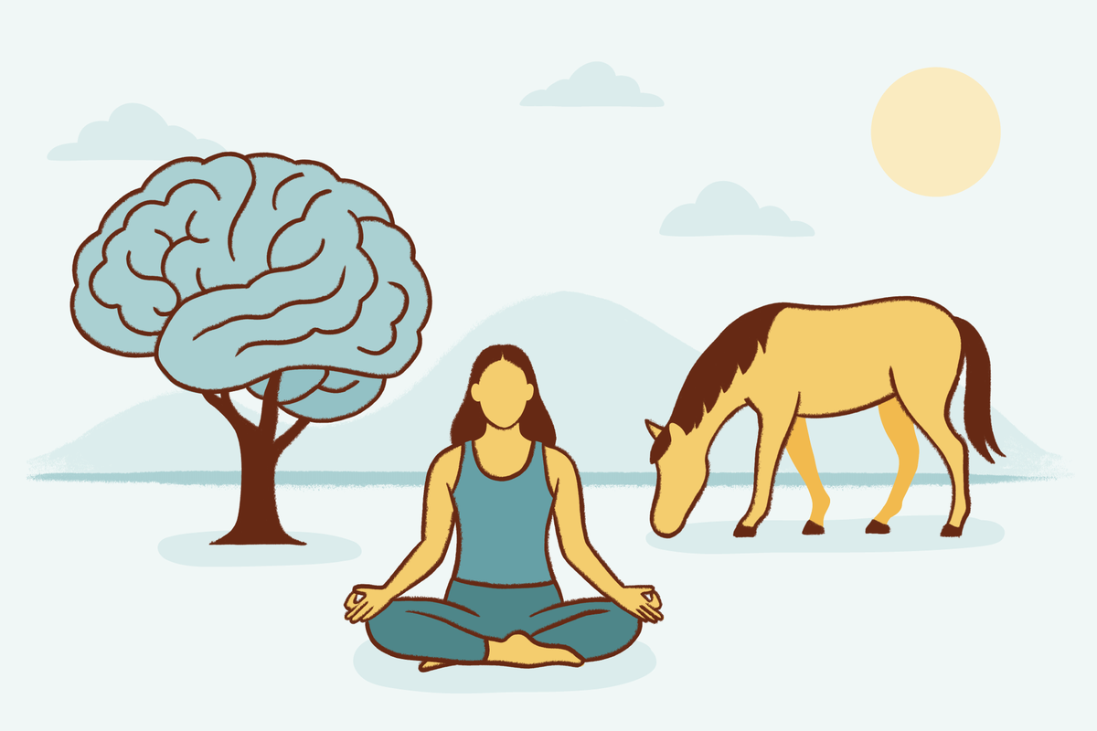 A stylized illustration featuring a person sitting in a cross-legged meditation pose in an open landscape. To their left is a tree with a canopy shaped like a human brain, and to their right is a horse grazing.