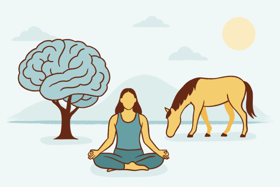 A stylized illustration featuring a person sitting in a cross-legged meditation pose in an open landscape. To their left is a tree with a canopy shaped like a human brain, and to their right is a horse grazing.