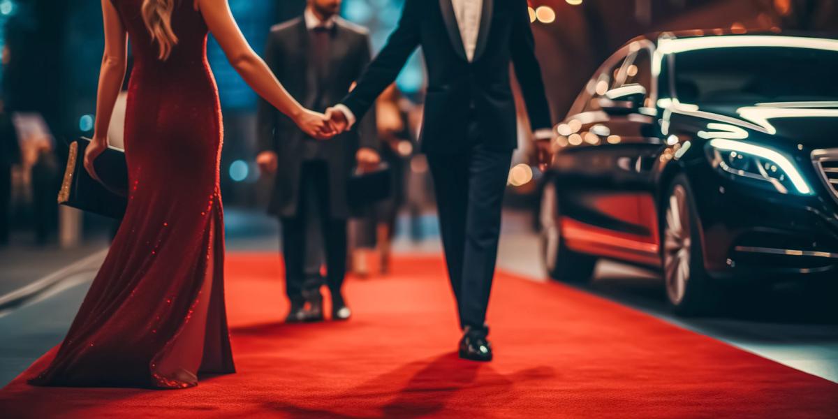 Elegant couple walking hand in hand on a red carpet beside a luxury car, symbolizing glamour, success, celebrity lifestyle, and high-end evening events.