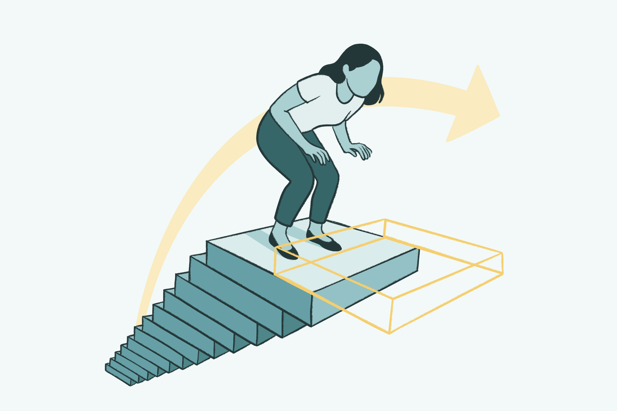 An illustration of a woman standing at the top of a staircase, looking ahead as a new step is being framed in gold.