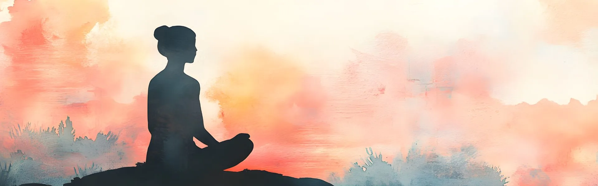 Silhouette of a woman meditating in lotus position against a soft watercolor background of warm orange, pink, and blue tones symbolizing peace, mindfulness, and recovery.