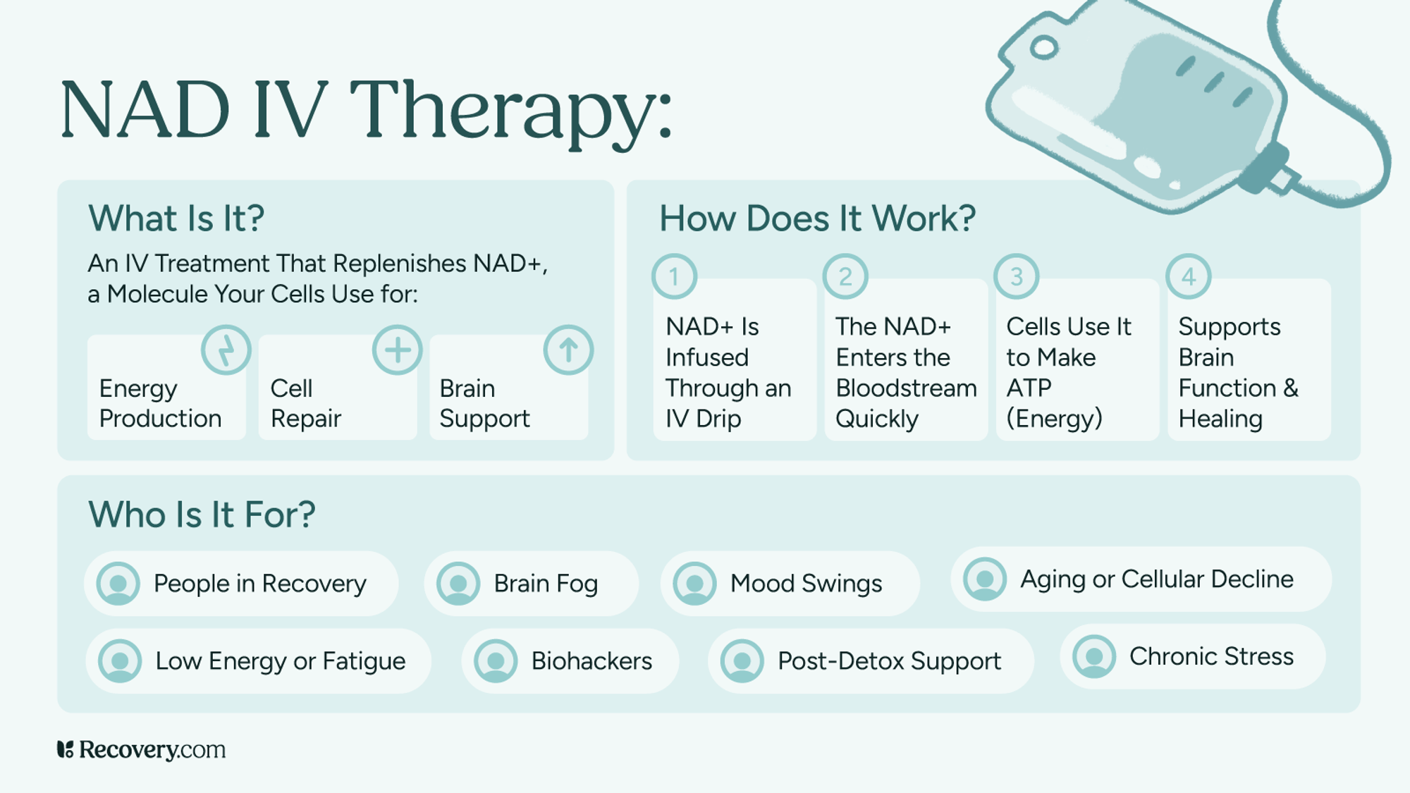 Infographic titled NAD IV Therapy from Recovery.com, explaining how NAD IV treatment replenishes cellular energy, supports cell repair and brain function. It shows NAD is infused via IV, enters the bloodstream, helps cells produce ATP, and promotes healing. Suggested for people in recovery, those with fatigue, brain fog, mood swings, chronic stress, post-detox needs, aging concerns, and biohackers.