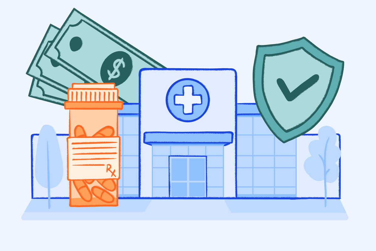 Illustration of prescription medication bottle, healthcare facility, insurance shield, and money representing rehab insurance coverage