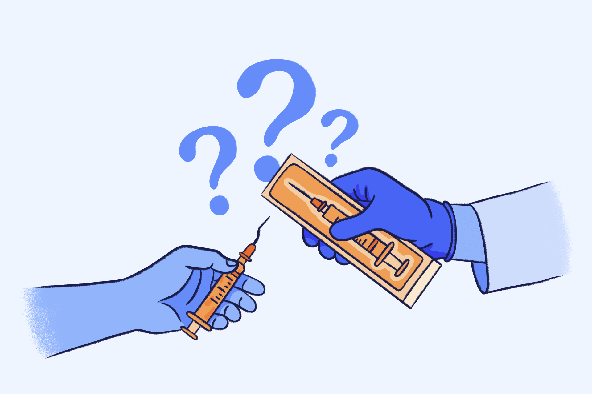 An editorial illustration representing the debate over needle exchange programs. Two hands wearing blue medical gloves are shown against a light blue background. The hand on the left holds a used, bent syringe, while the hand on the right (clad in a white lab coat sleeve) offers a new, sterile syringe in its original packaging.