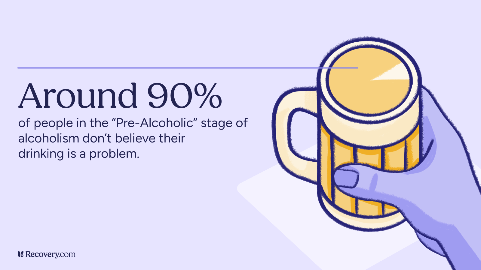 Infographic stating that around 90 percent of people in the pre-alcoholic stage of alcoholism do not believe their drinking is a problem. A stylized hand holds a beer mug on the right side of the image. The background features light purple tones.