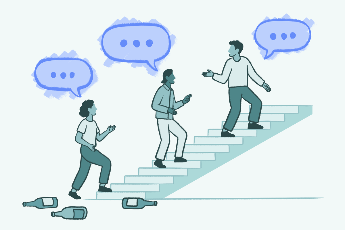 Illustration of three people ascending a staircase, each with a blue speech bubble containing an ellipsis above their head, suggesting conversation or thought.