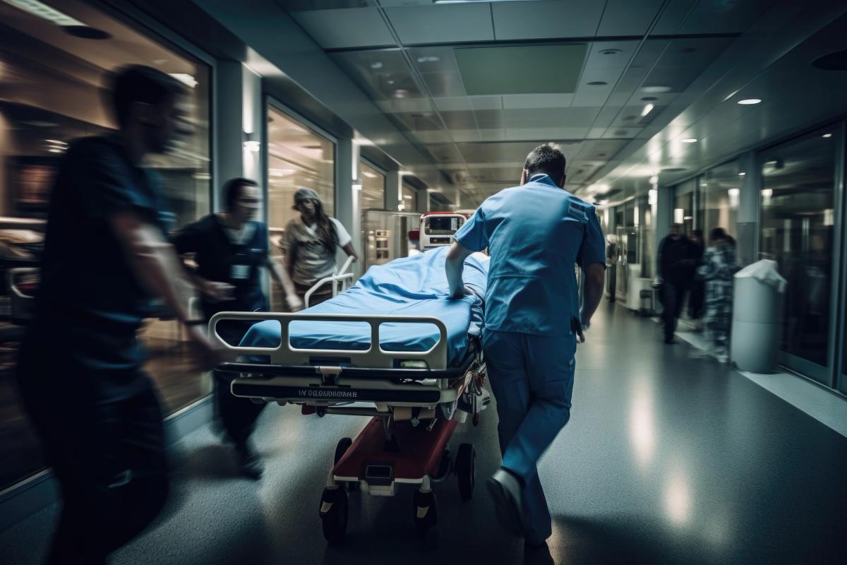 Emergency medical team rushing a patient on a hospital gurney through an emergency room hallway showing urgent care for stimulant overdose signs and symptoms.