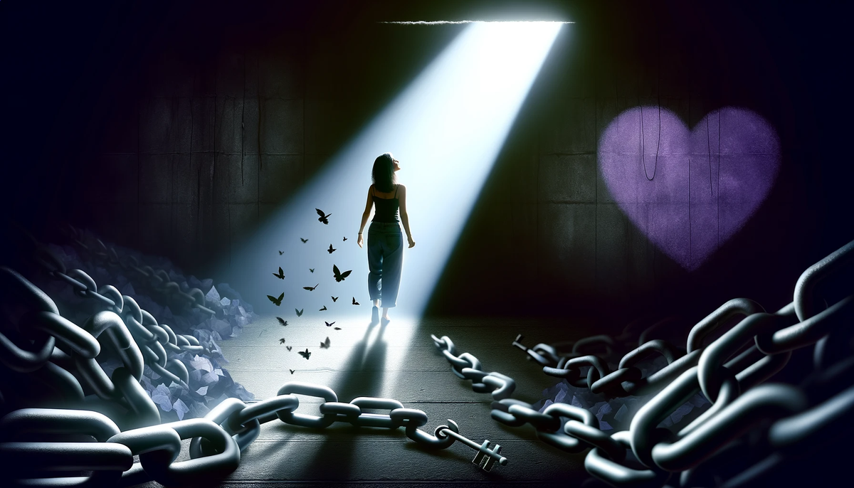 A woman stands in a dark, dungeon-like room, looking up toward a bright shaft of light streaming from a small opening above.