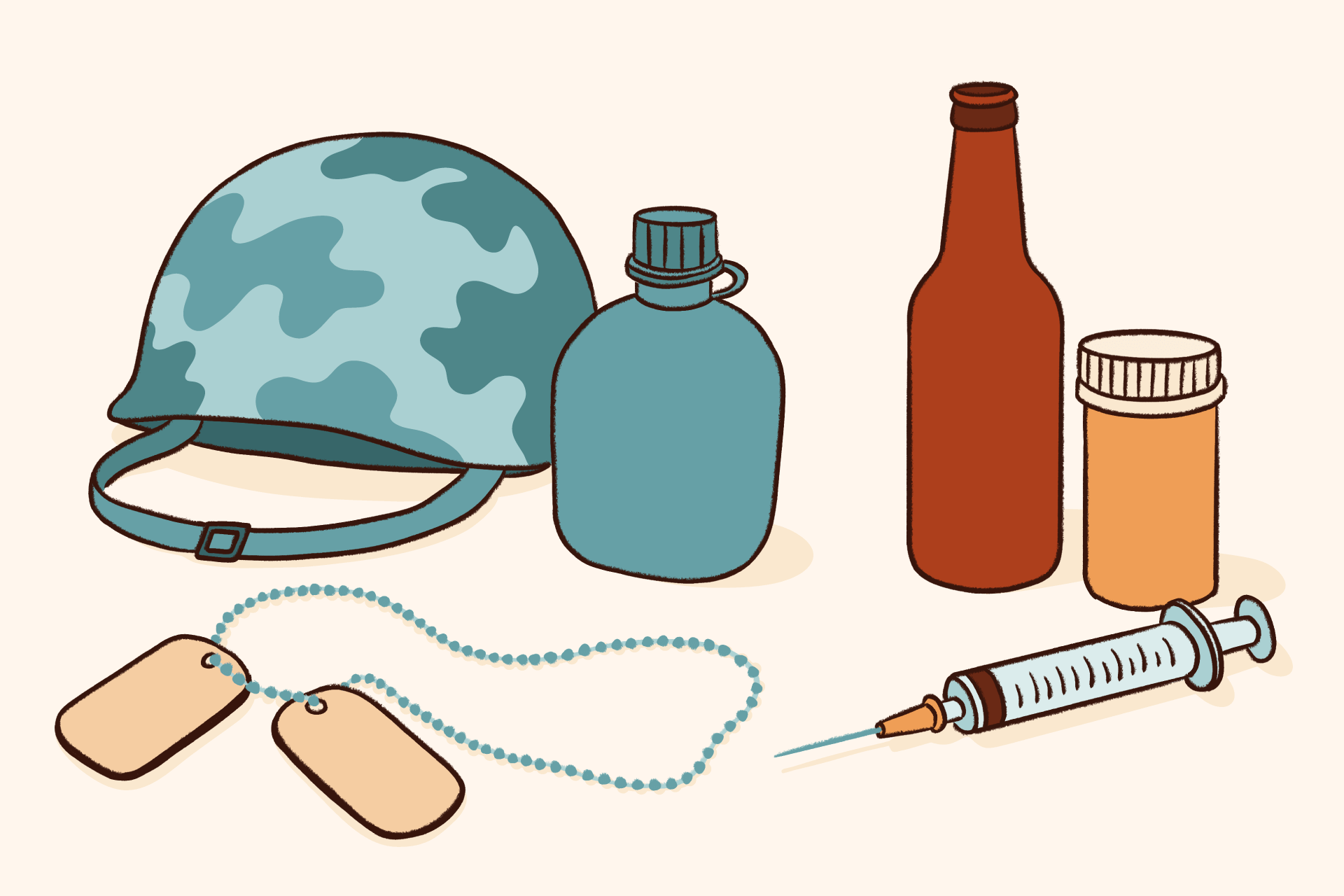 An illustration of a military helmet, dog tags, and a canteen positioned next to a glass bottle, a prescription pill bottle, and a medical syringe.