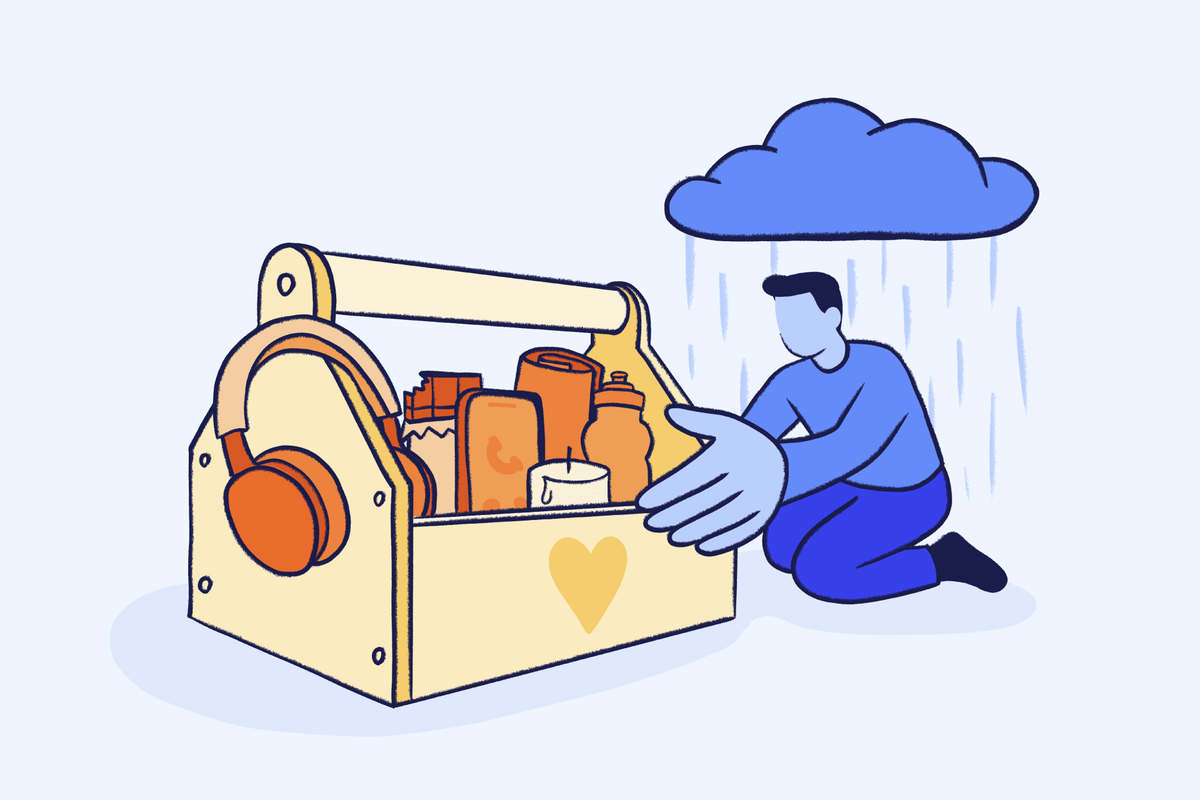 Illustration of person organizing toolbox with self-care items under rain cloud, representing the collection of coping strategies for managing depression