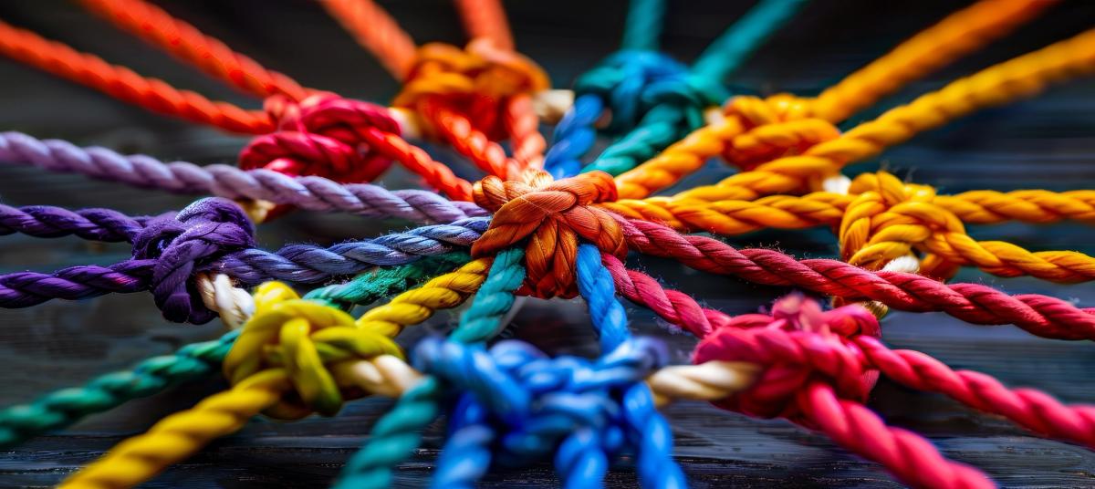 Colorful ropes tied together in a circular pattern, symbolizing connection, collaboration, and the importance of culture in integrative care.