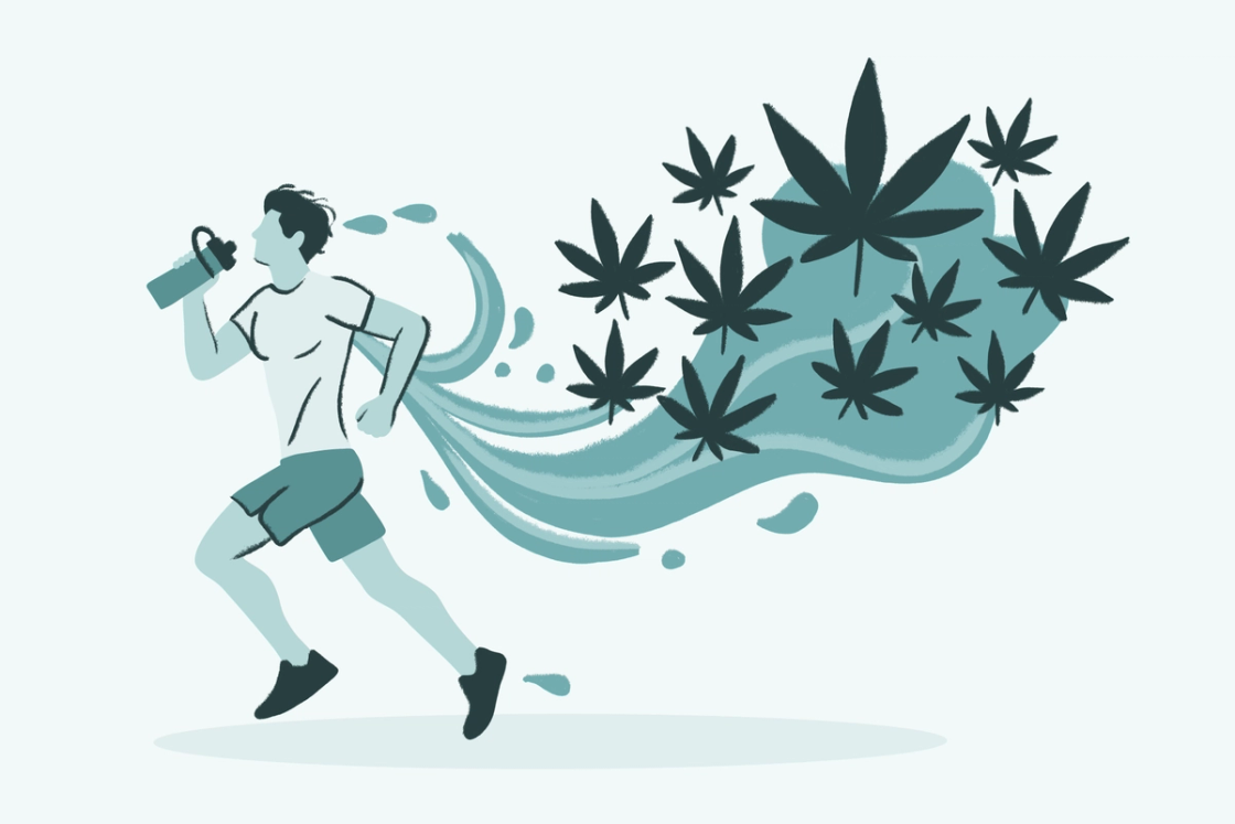 Illustration of a man jogging and drinking from a water bottle, leaving a trail of water/smoke and large marijuana leaves behind him, suggesting the use of cannabis and exercise.