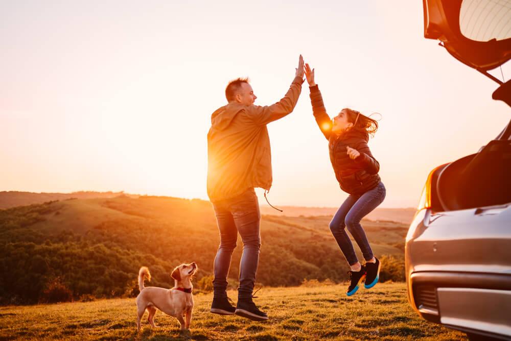 Two people celebrate with a midair high-five at sunset beside an open car trunk, while a small dog stands nearby in a grassy field.