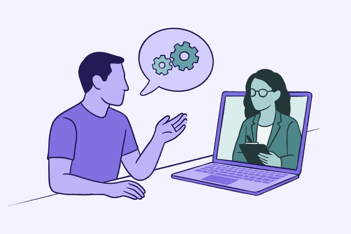 Online therapy session illustration showing a person speaking with a therapist on a laptop during a virtual mental health consultation with communication and problem solving concepts represented by gears in a speech bubble.