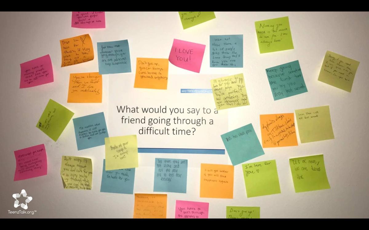 A white wall featuring a central prompt that reads, "What would you say to a friend going through a difficult time?"