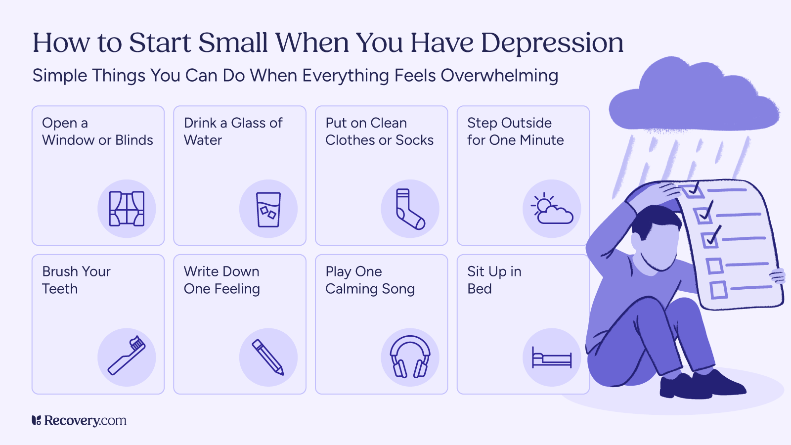 Infographic titled, How to Start Small When You Have Depression, featuring simple coping strategies like opening a window, drinking a glass of water, putting on clean socks, stepping outside for one minute, brushing teeth, writing down one feeling, playing one calming song, and sitting up in bed. Includes an illustration of a person sitting under a raincloud holding a checklist.