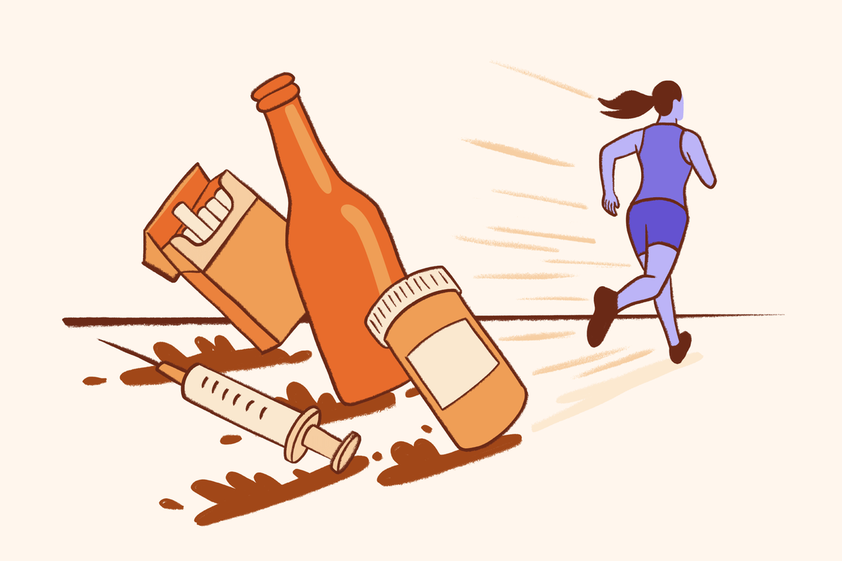 A digital drawing of a woman in athletic gear running away from a pile of substances, including a bottle, cigarettes, and a syringe.