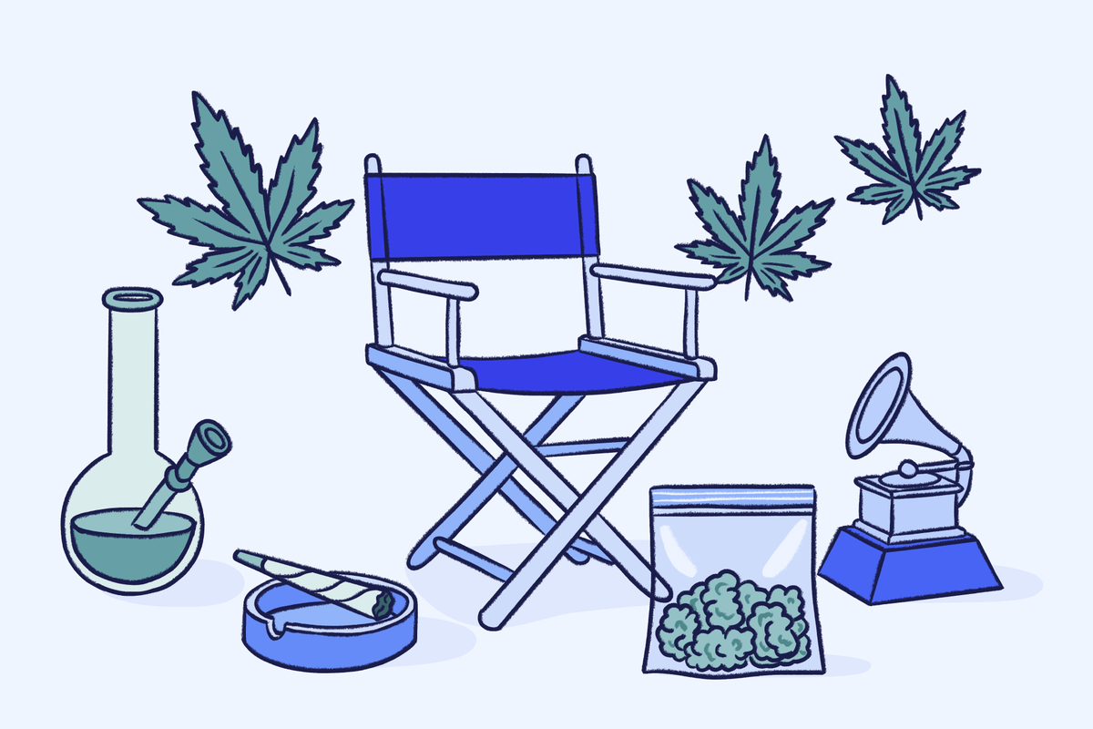Illustration of a directors chair surrounded by marijuana leaves bong rolling paper cannabis bag ashtray and gramophone symbolizing cannabis use in popular culture and famous marijuana users.