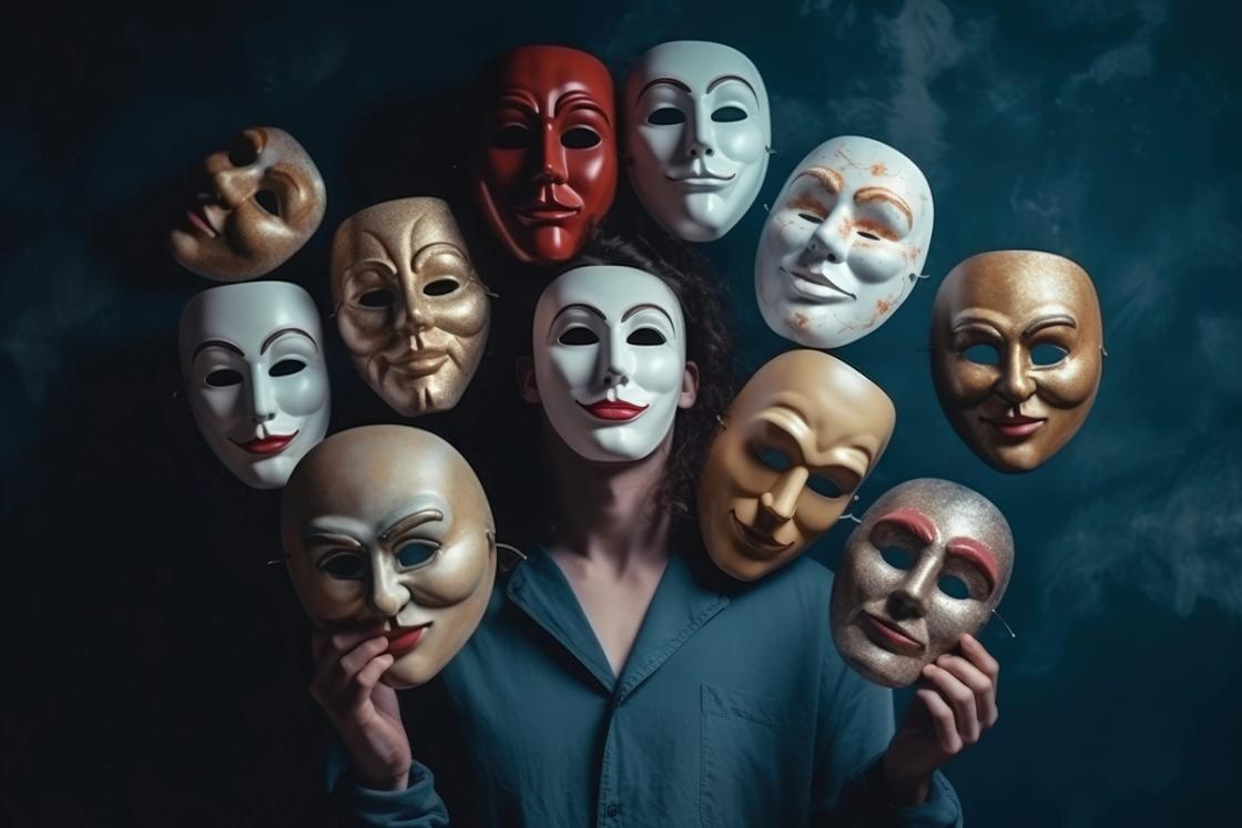 A person stands against a dark, moody background holding multiple theatrical masks with different expressions around their face, symbolizing identity, emotions, and self-exploration often used in experiential therapy.