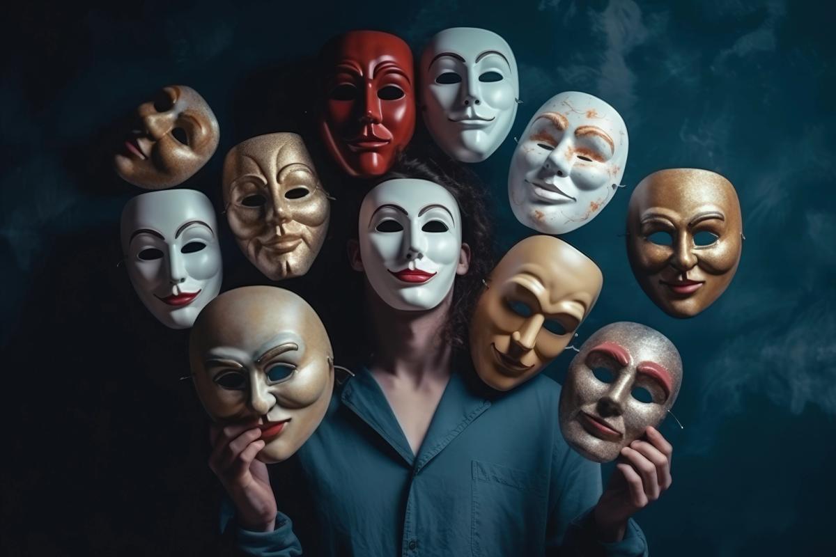 A person stands against a dark, moody background holding multiple theatrical masks with different expressions around their face, symbolizing identity, emotions, and self-exploration often used in experiential therapy.