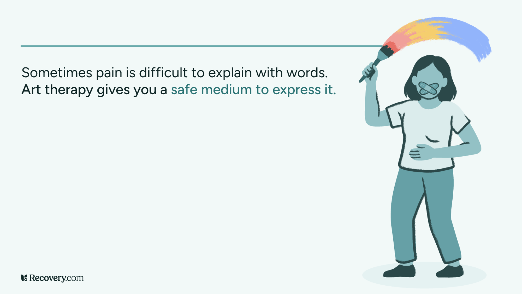 Illustration of a person holding a paintbrush with a rainbow-colored stroke, symbolizing emotional expression through art. The person has a bandage over their mouth and hand on their stomach, representing unspoken pain. Text reads: Sometimes pain is difficult to explain with words. Art therapy gives you a safe medium to express it.