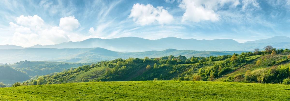 Panoramic view of rolling green hills and a grassy meadow, with hazy blue mountains in the distance under a bright sky with scattered white clouds.”