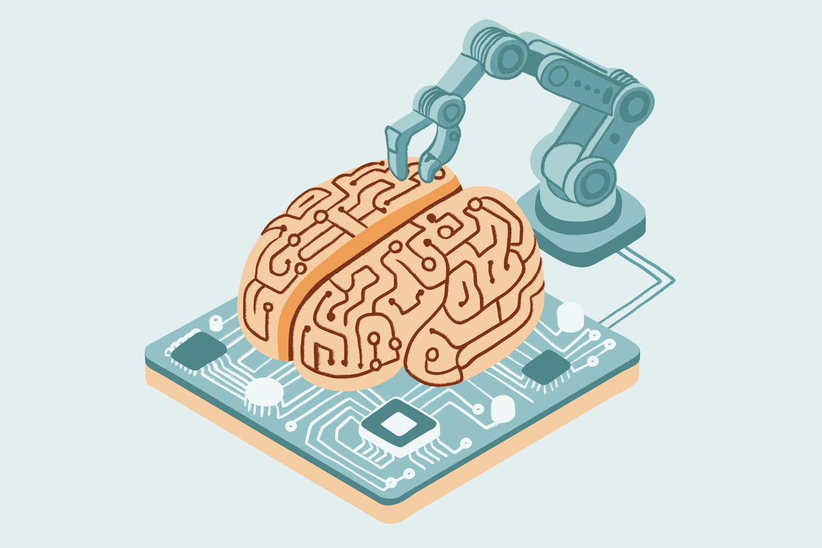 Illustration of a robotic arm working on a human brain placed on a circuit board symbolizing artificial intelligence machine learning and neuroscience technology integration.