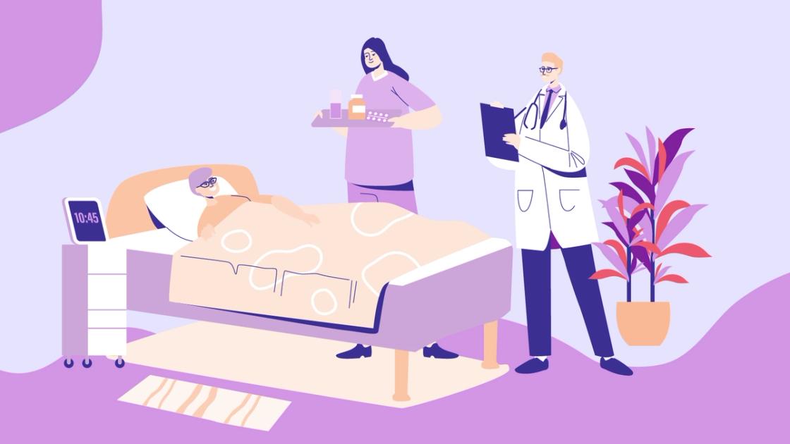 Illustration of a patient receiving medical care during alcohol detox with doctor and nurse monitoring vitals and administering medication in hospital setting