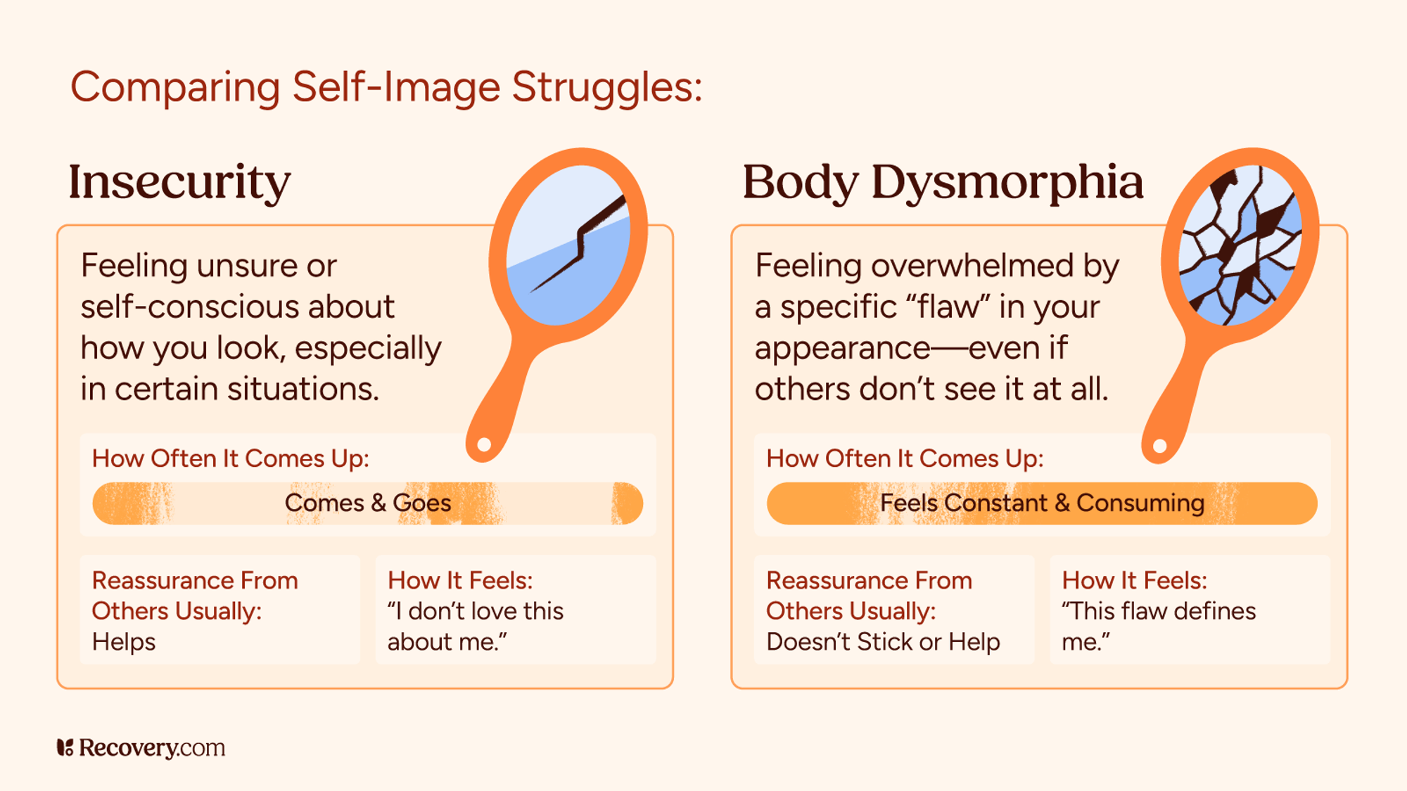 Mental health infographic displaying signs of body dysmorphia including fixation on flaws, mirror checking, hiding with clothes, rejecting compliments, avoiding photos, constant comparison, repetitive grooming, and feeling ashamed.
