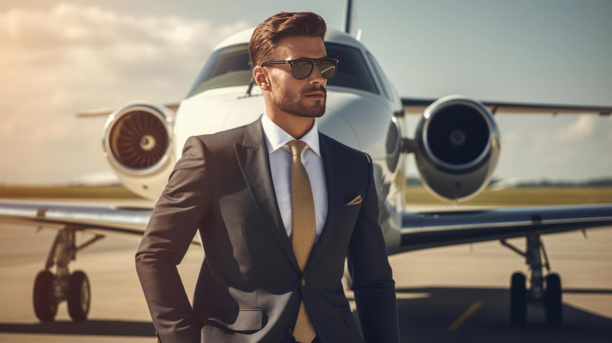 Well dressed businessman in tailored suit and sunglasses standing in front of a private jet on an airport runway.