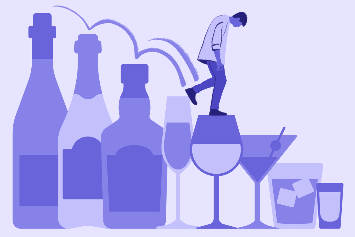 Purple-toned illustration of a slumped person walking across oversized alcohol bottles and glasses, symbolizing the heavy burden of drinking or addiction.