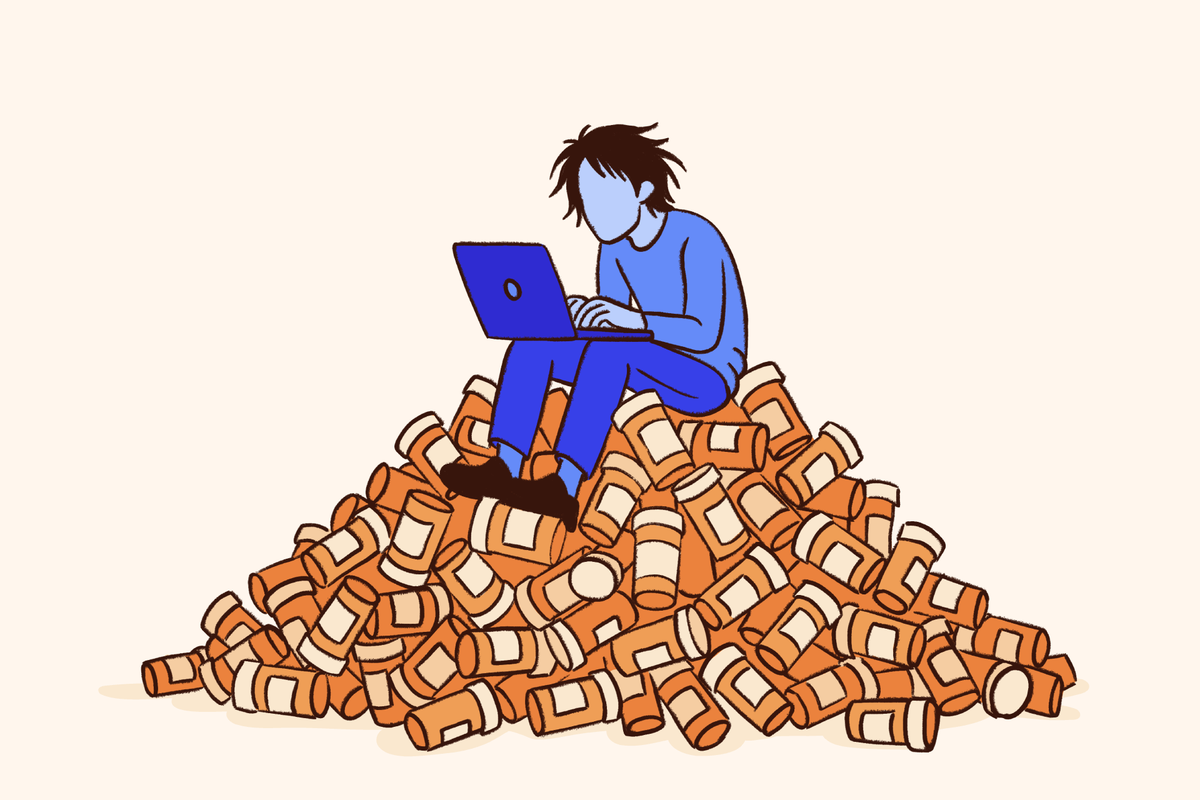 Illustration of a person sitting on a large pile of prescription pill bottles while using a laptop, symbolizing Adderall addiction, prescription stimulant misuse, and dependence.