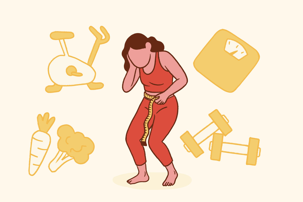 Illustration of a distressed person measuring their waist with a tape measure, surrounded by symbols of dieting, exercise, and weight scales, representing concerns about body image and the question “do I have anorexia.”